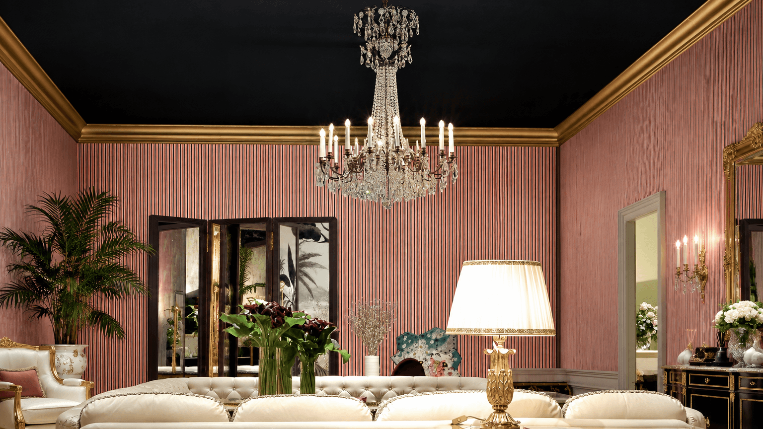 Crystal chandelier in a pink salon with gold table lamp — Magna Mercatus featured interior